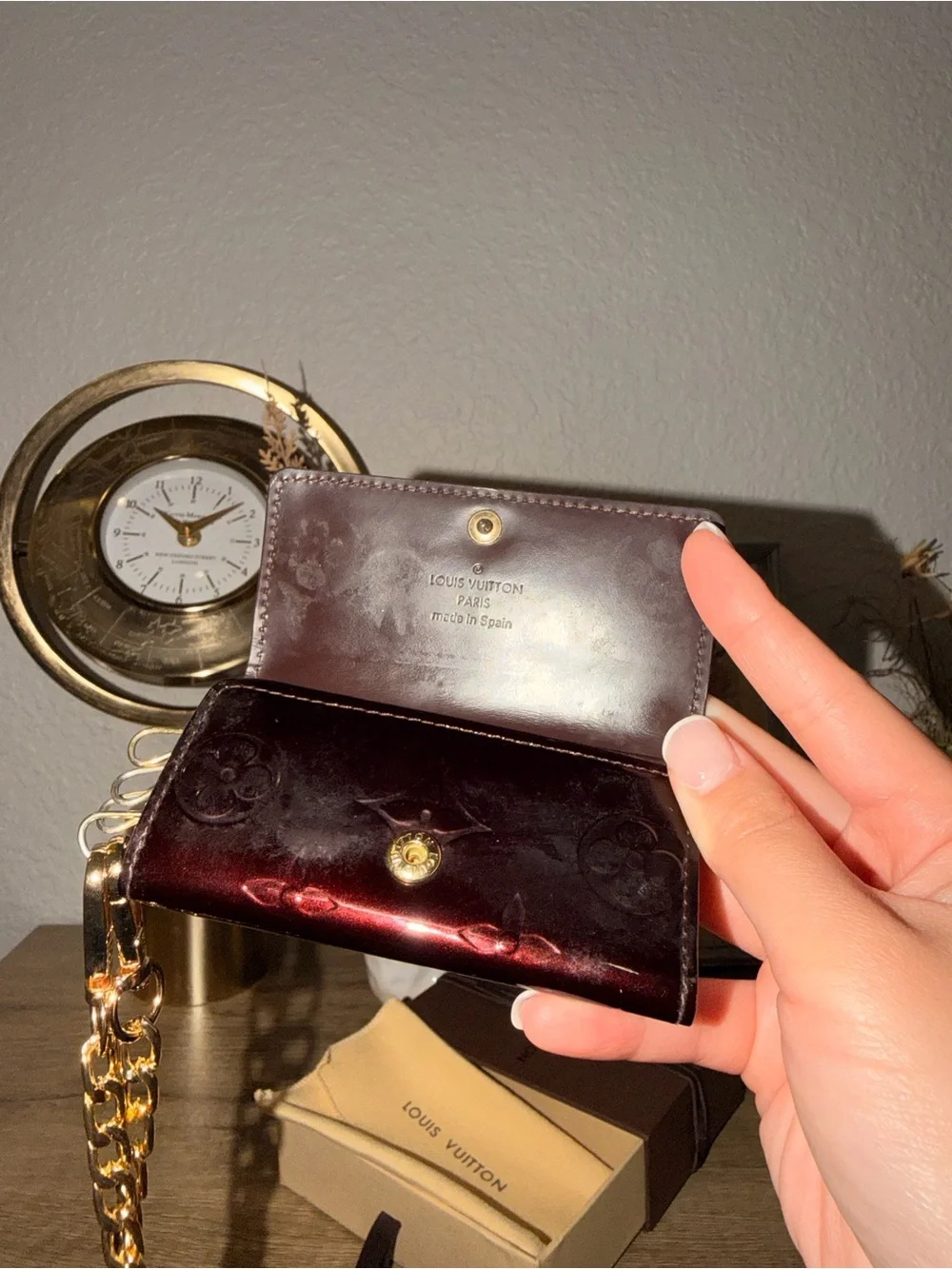 Louis Vuitton Burgundy Vernis Monogram Key Pouch with Gold Chain